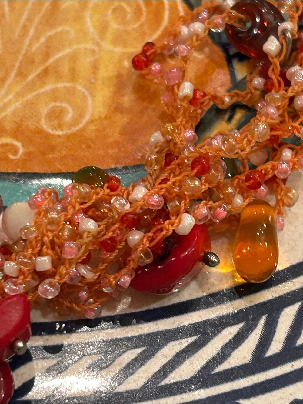 Vintage Necklace Red Branch Coral, Carnelian, glass Mermaid’s Tears woven thread